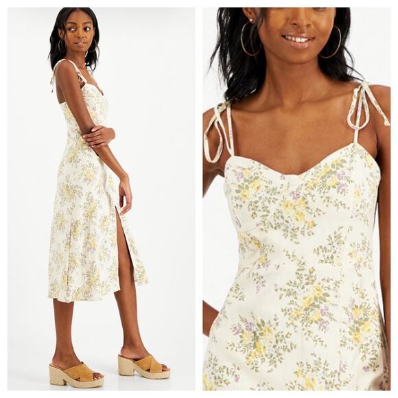 NWT Lucky Brand Corset Floral Midi Dress Tie Shoulders Smocked Stretch Back XL - Picture 2 of 6